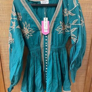 Omika Teal Floral Embroidered Mini Dress